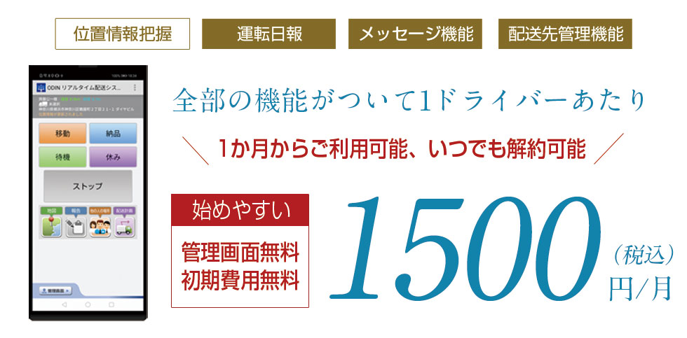 位置情報把握、運転日報、メッセージ機能、配送先管理機能　全部の機能尾がついて1ドライバーあたり　1500円